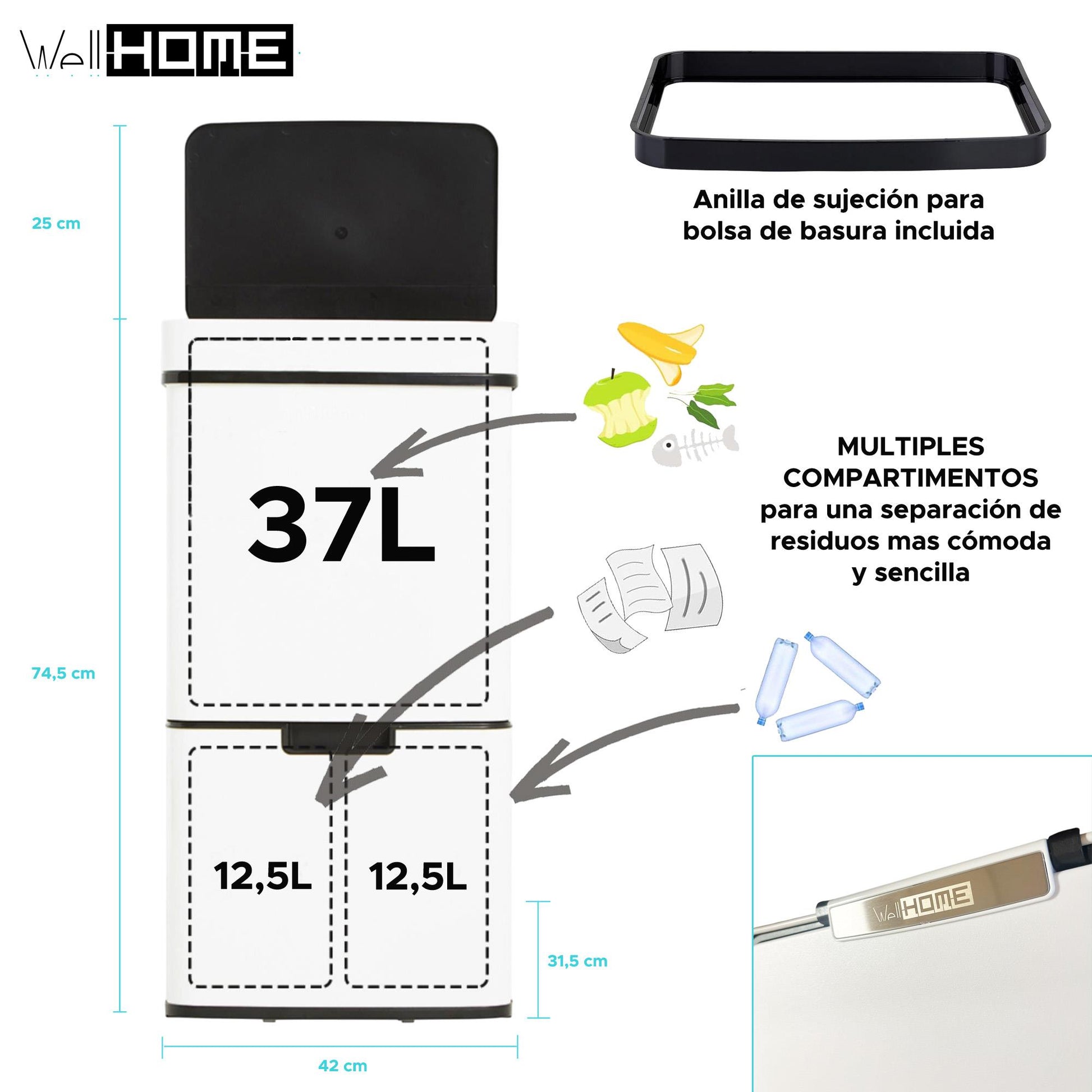 Papelera Reciclaje 62l Acero Inoxidable Blanco_1