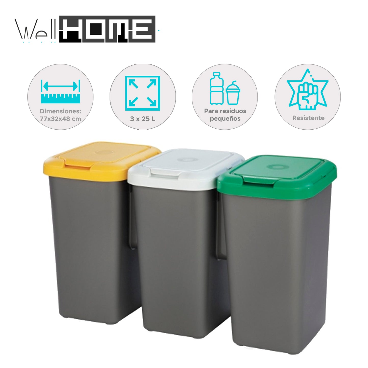 Papelera Reciclaje 3 Compartimentos 75l 77x32x48 Cm Wellhome_1