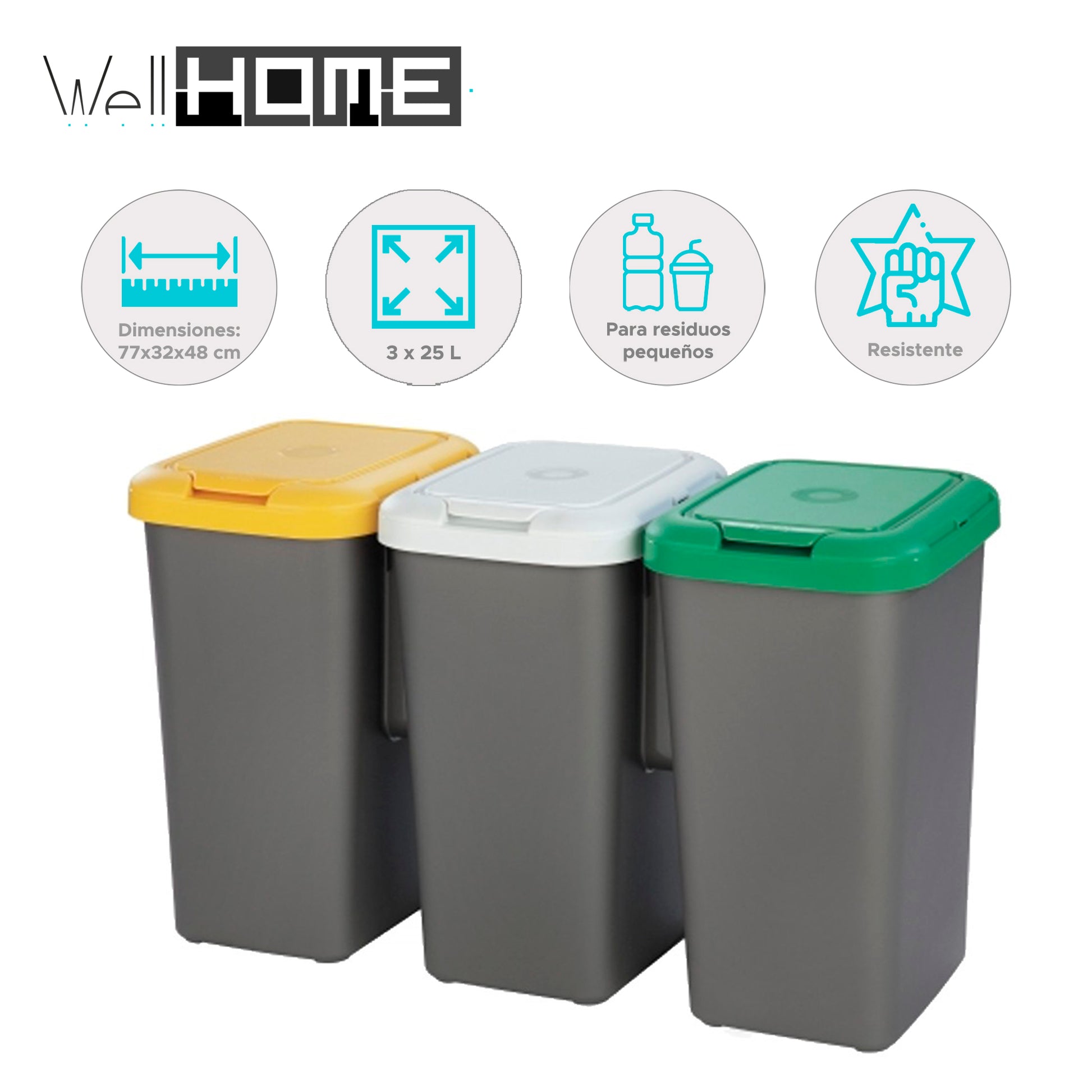 Papelera Reciclaje 3 Compartimentos 75l 77x32x48 Cm Wellhome_1