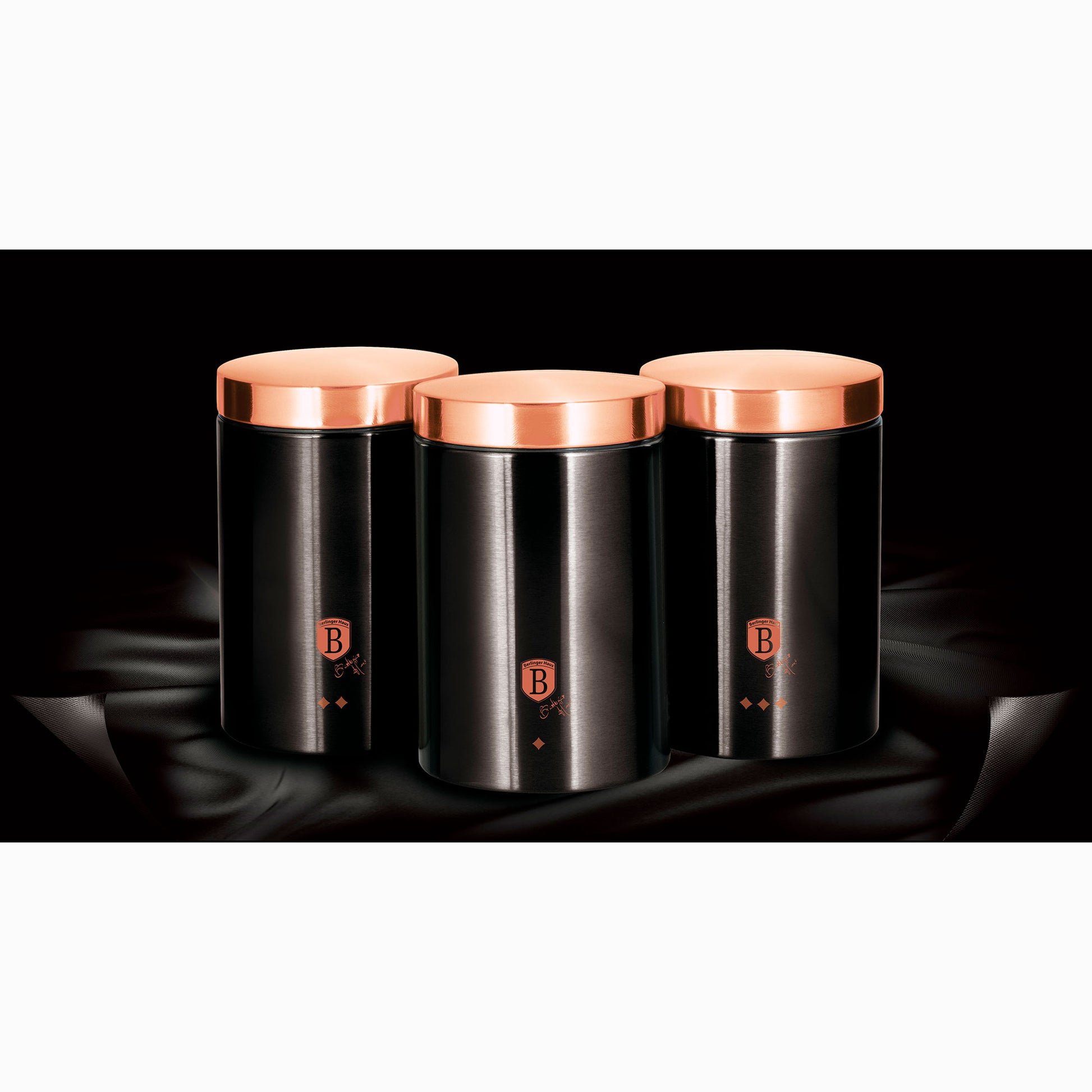 Set 3 Botes Cocina Almacenaje Acero Inoxidable, Diseño Moderno, Ø11x17,8cm Especias, Té ,café Berlinger Haus Black Rose, Oro Rosado/negro_2