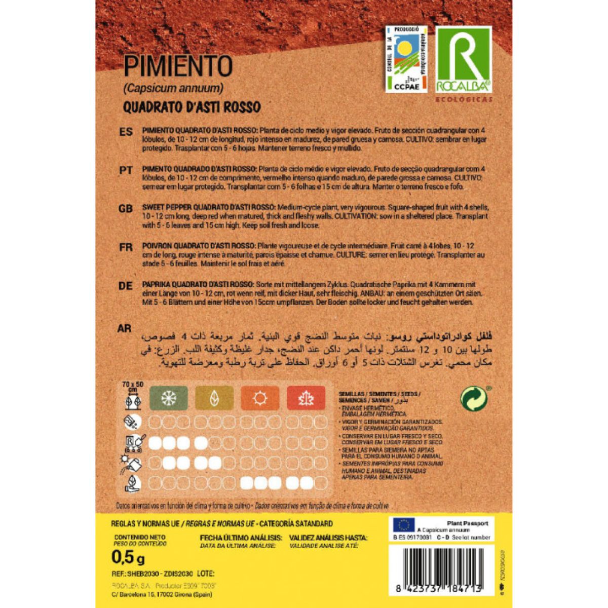 Sementes de pimento Rocalba biológica quadrato d'asti rosso