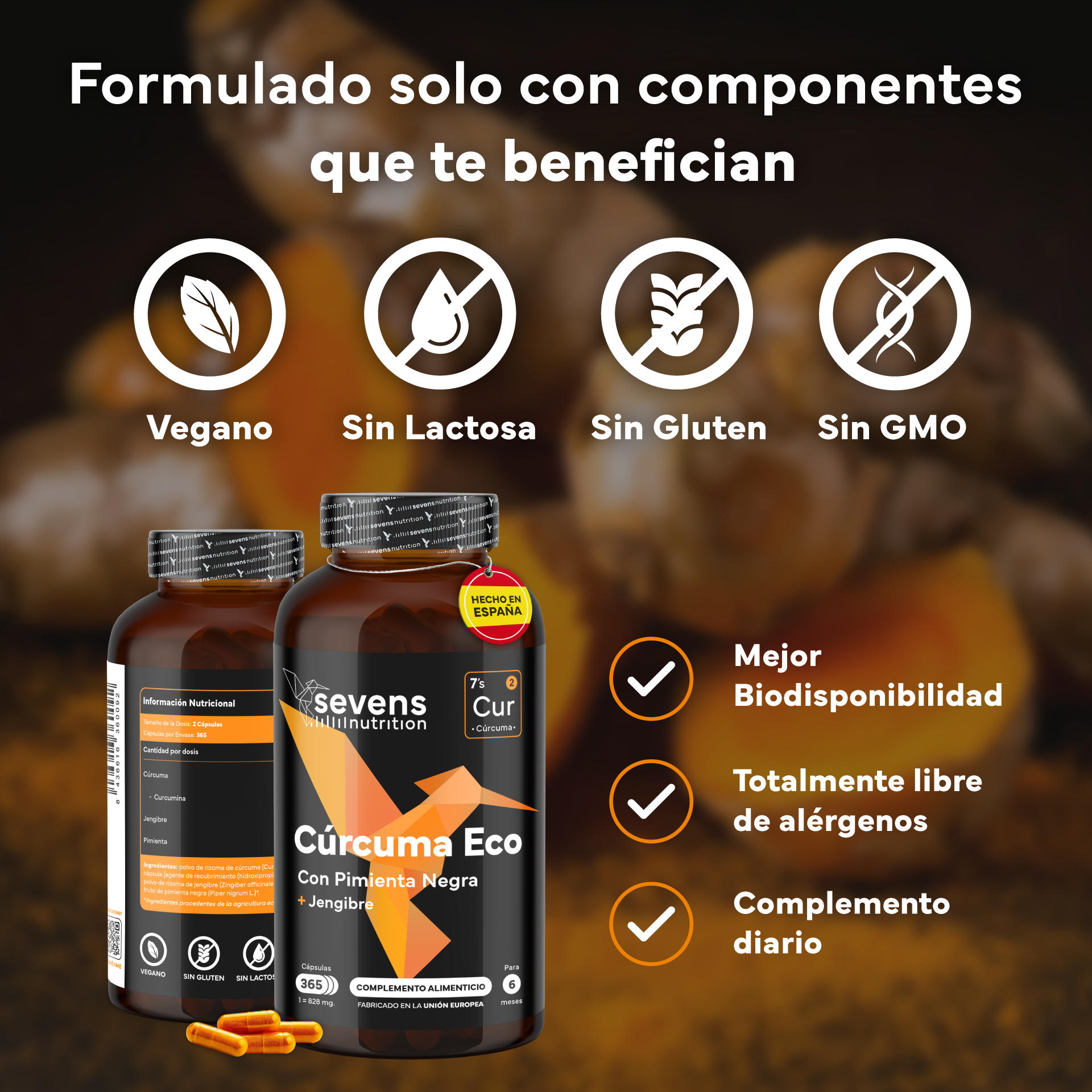 Pack 2x Cúrcuma + Jengibre Y Pimienta Negra Sevens Nutrition. Antiinflamatorio Y Salud Articular._3