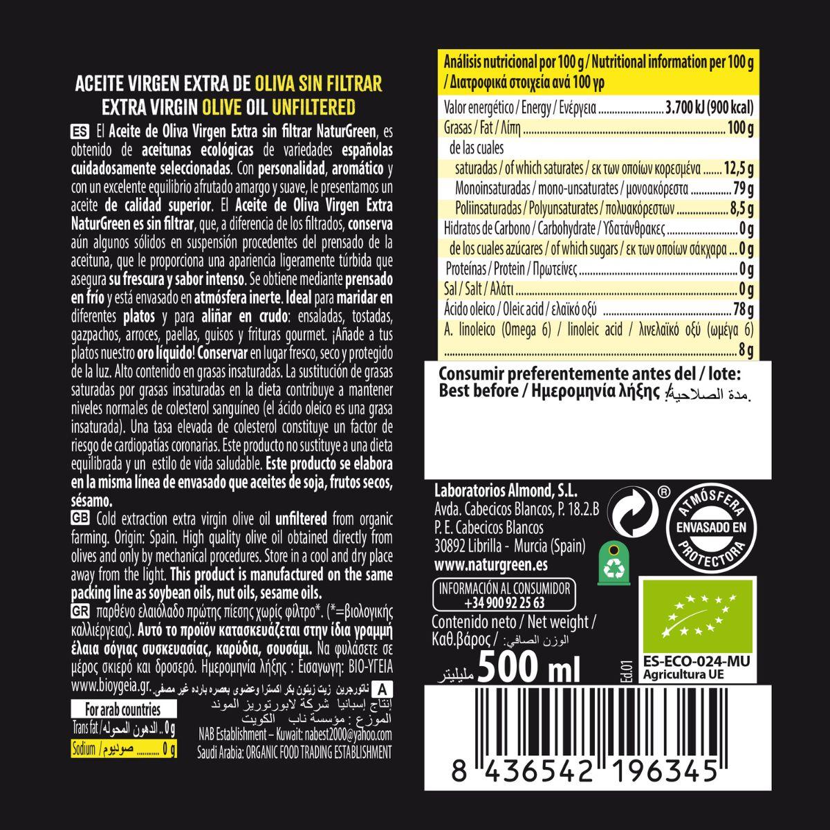 Azeite Virgem Extra Não Filtrado Bio NaturGreen, 500 ml