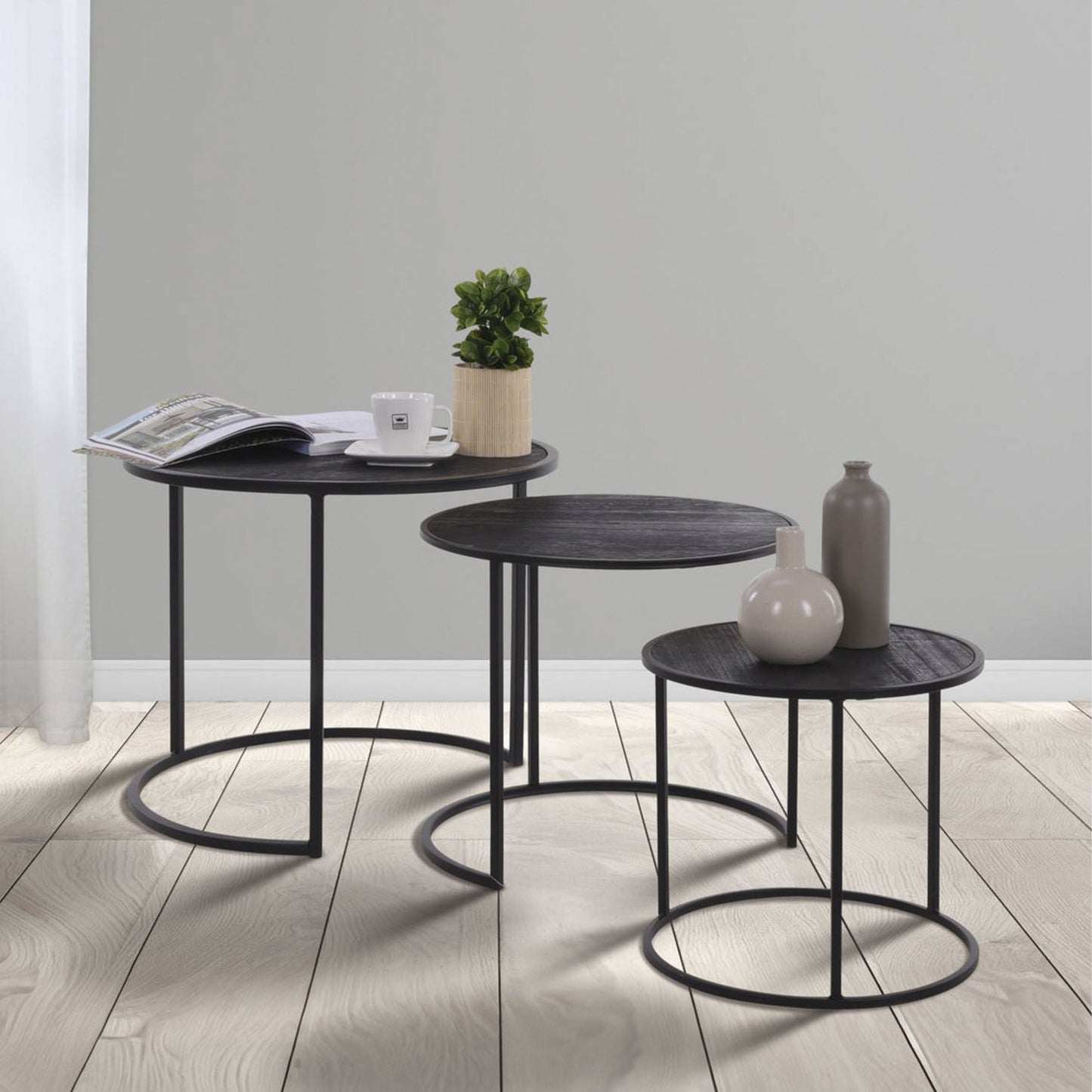Well Home Juego De 3 Mesas Nido En Metal Melamina Color Negro Ø35ø45ø55cm_4