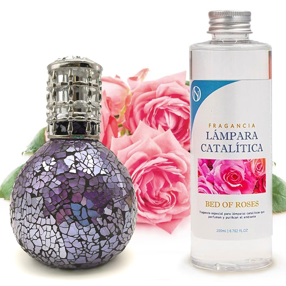 Lámpara Catalítica Mosaico Azul Océano + Fragancia Aroma Bed Of Roses 500 Ml. Elimina Malos Olores, Impurezas Y Perfuma_0