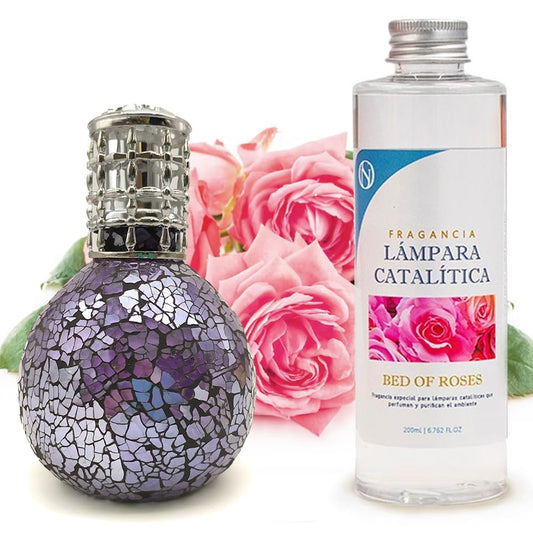Lámpara Catalítica Mosaico Azul Océano + Fragancia Aroma Bed Of Roses 200ml - Elimina Malos Olores, Impurezas Y Perfuma_0