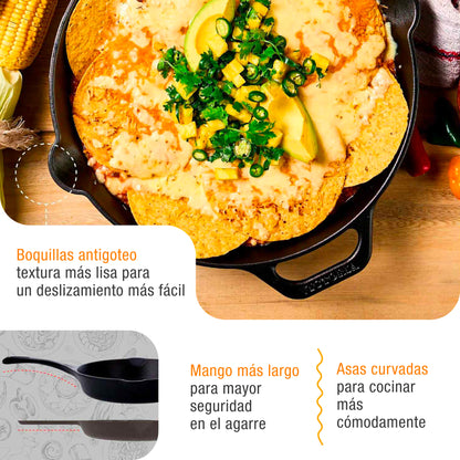 Victoria Sartén Hierro Fundido Esmaltado Diseño Calaca Inducción 30cm Apta Fuego, Horno Cast Iron Skillet, Calaca, Negro_2