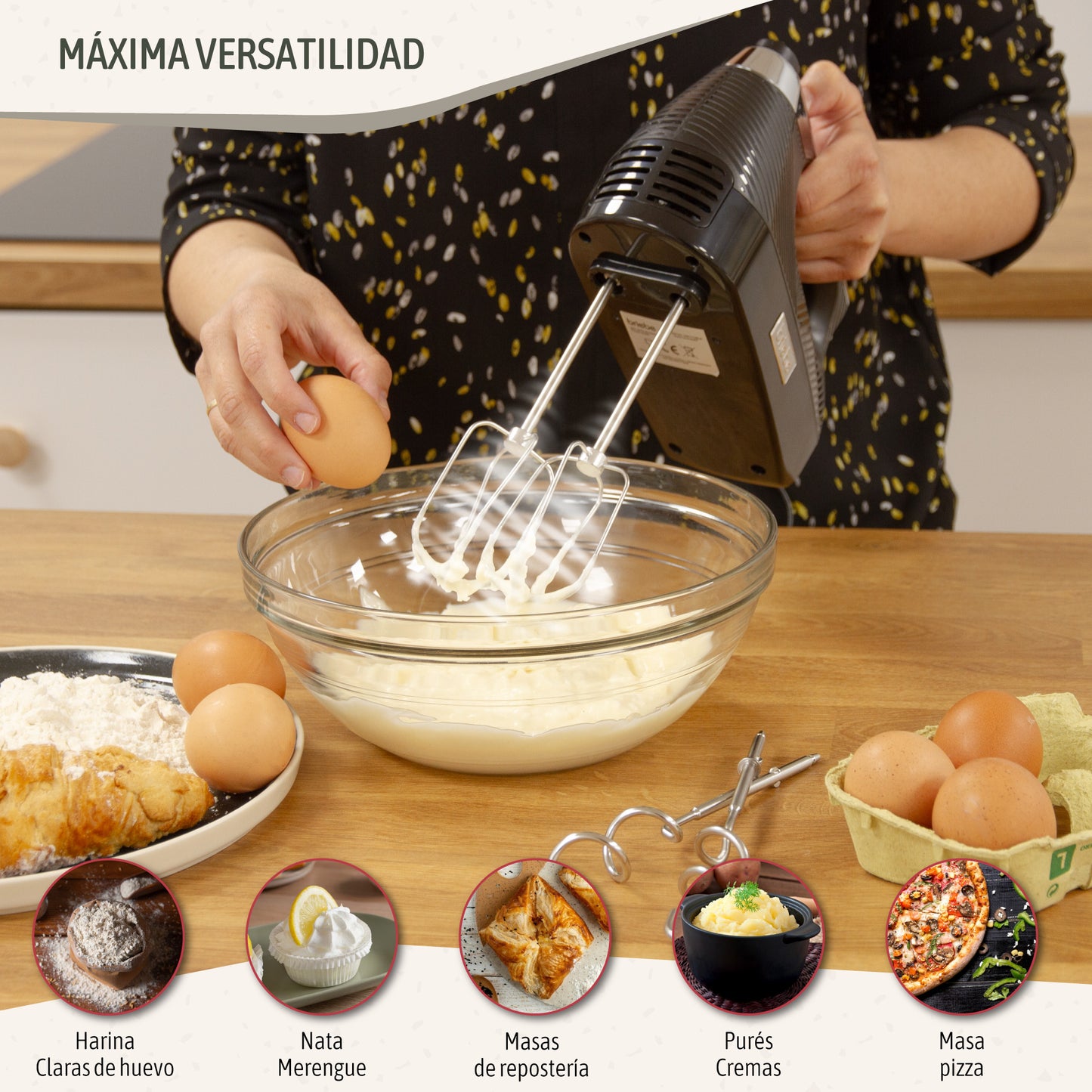 Briebe Batidora De Varillas Eléctrica 400w Amasadora De Mano Especial Repostería 5 Velocidades + Turbo, Hm1174blk_3