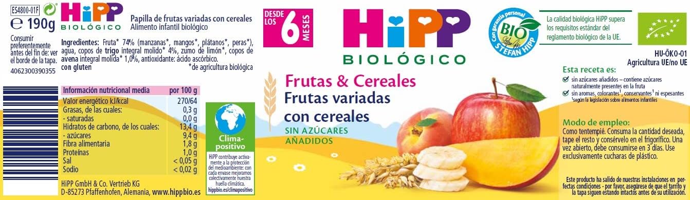 Pote de frutas variadas com cereais biológicos +6 meses HiPP 190 g