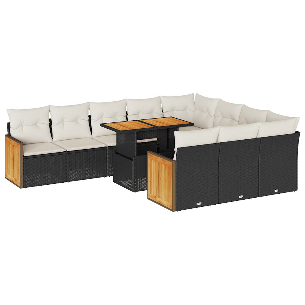 Set Sofás Jardín Y Cojines 11 Pzas Ratán Sintético Acacia Negro / Vetonek_2