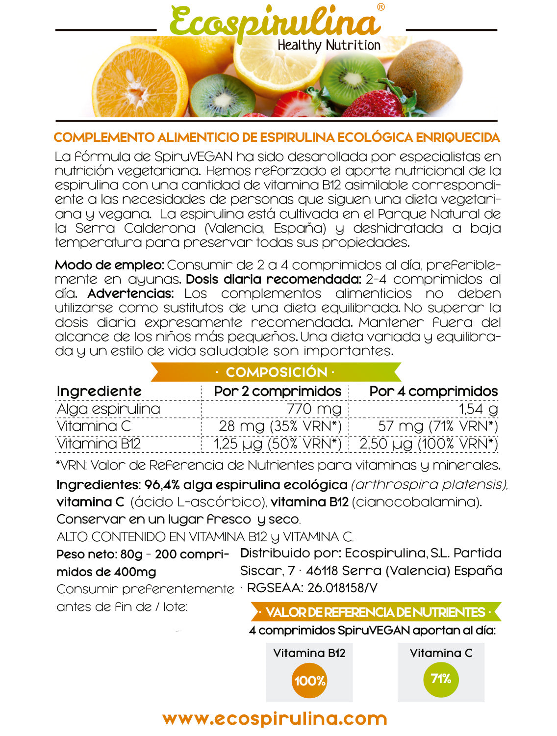 Spiruvegan Espirulina Ecológica Enriquecida Con Vitaminas B12 Y C Ecospirulina 200 Comprimidos_1