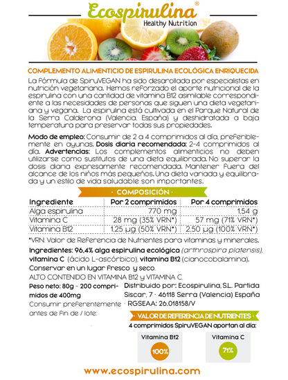 Spiruvegan Espirulina Ecológica Enriquecida Con Vitaminas B12 Y C Ecospirulina 200 Comprimidos_1