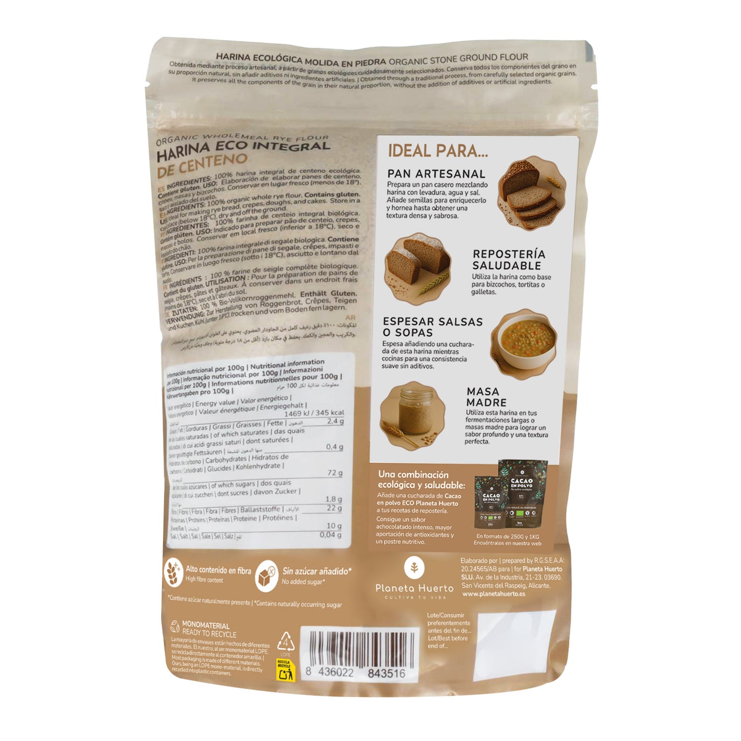 Harina Integral de Centeno Eco Planeta Huerto 800 g