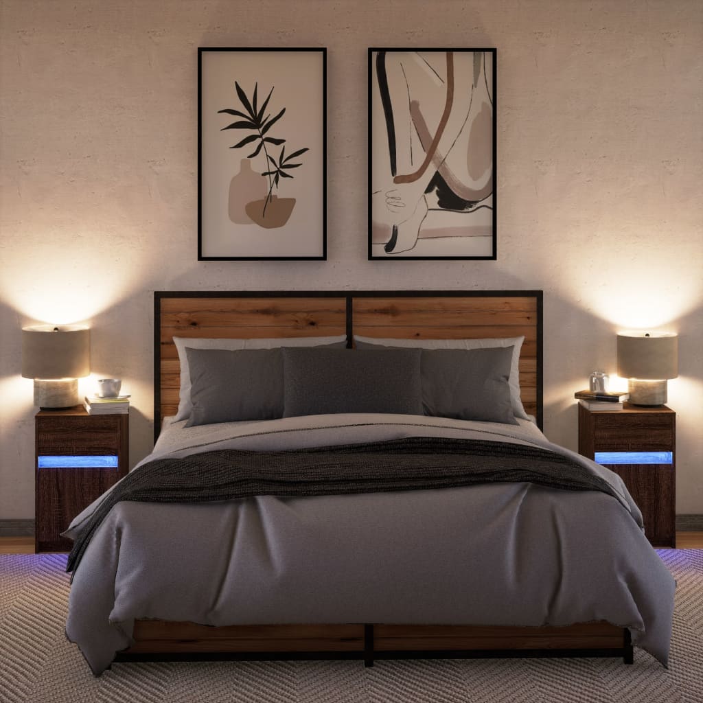 Mesitas De Noche Luces Led 2 Uds Madera Ingeniería Roble Marrón_2