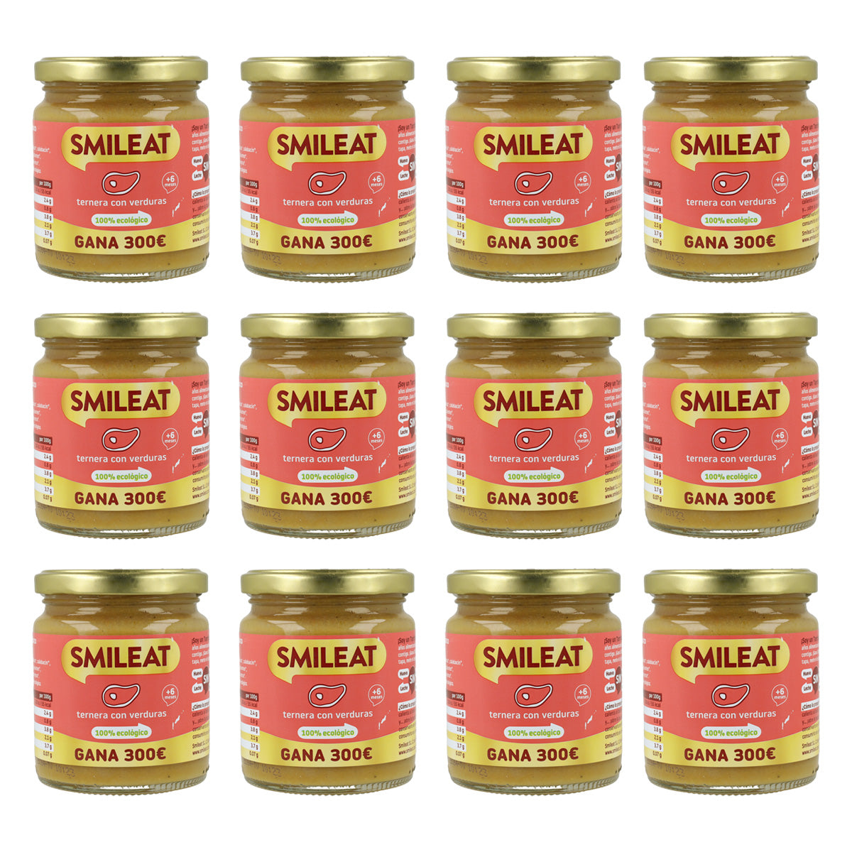 Embalagem de 12 frascos Smileat de carne e vegetais biológicos +6 meses 230g