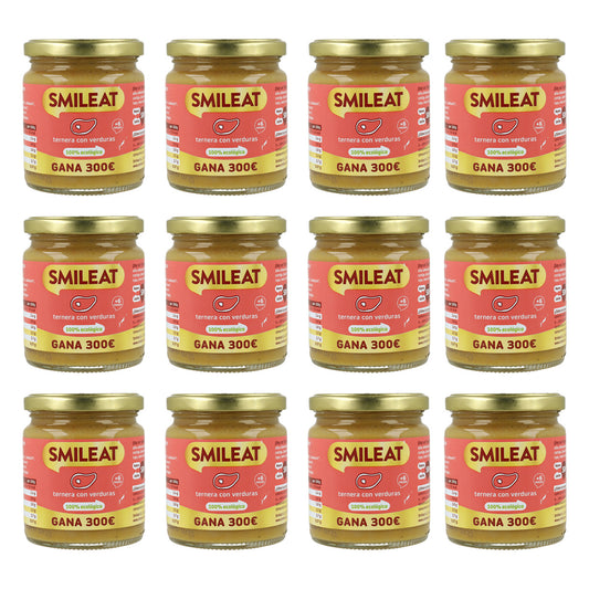 Embalagem de 12 frascos Smileat de carne e vegetais biológicos +6 meses 230g