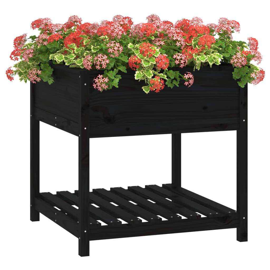 Jardinera Con Estante Madera Maciza Pino Negro 82,5x82,5x81 Cm_3