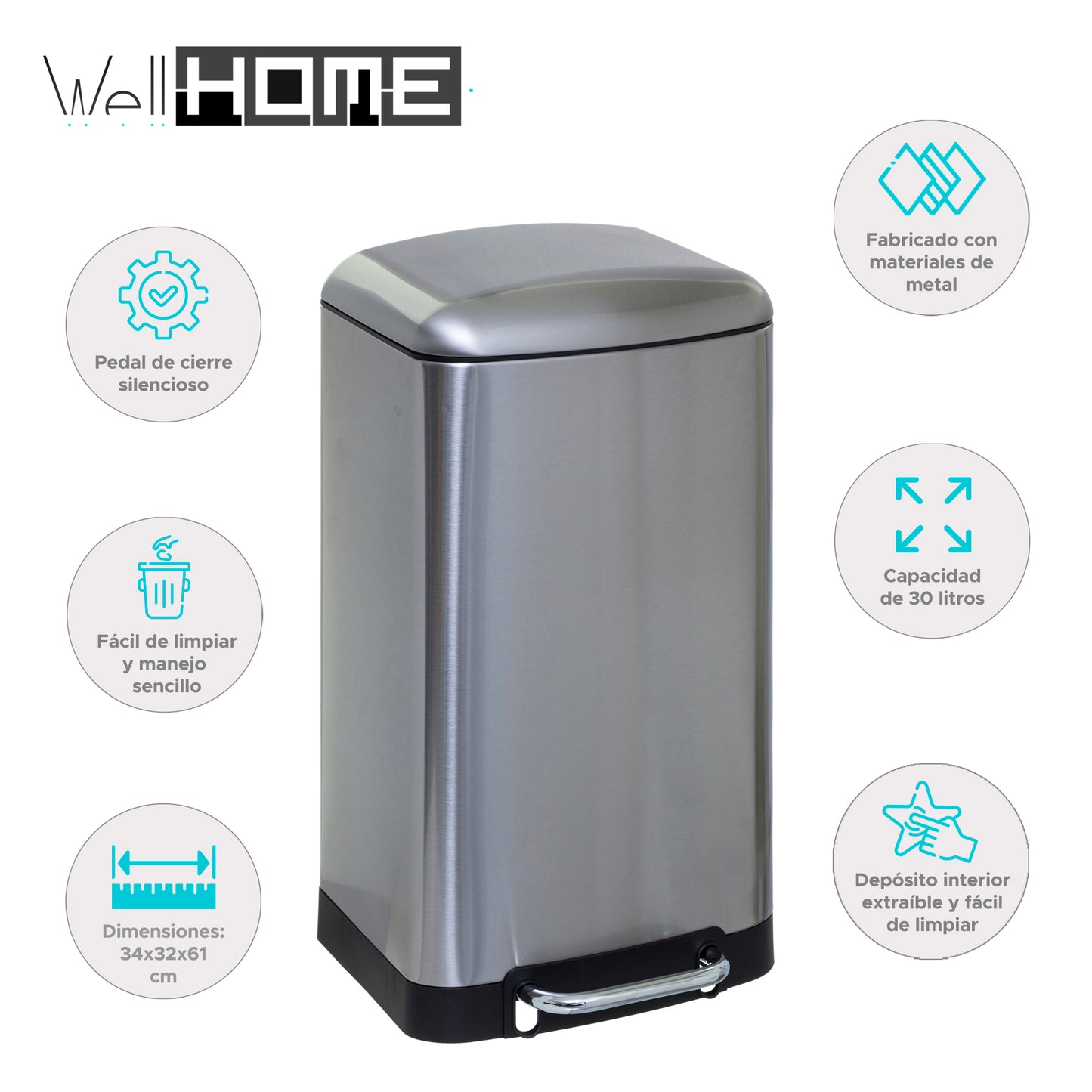 Wellhome Papelera Con Pedal De Metal 30l_1