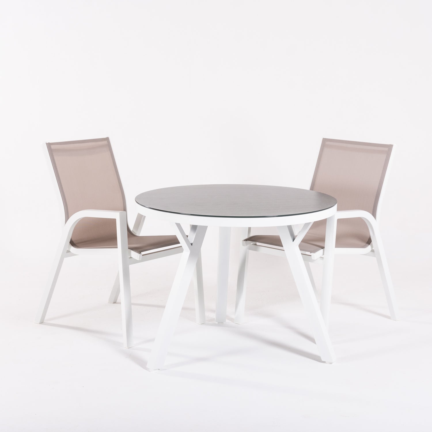 Conjunto De Mesas Y Sillas De Jardín,redonda 90 Cm, Cristal Templado, Color Blanco + 2 Sillones Reforzada_2