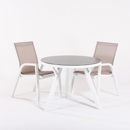 Conjunto De Mesas Y Sillas De Jardín,redonda 90 Cm, Cristal Templado, Color Blanco + 2 Sillones Reforzada_2