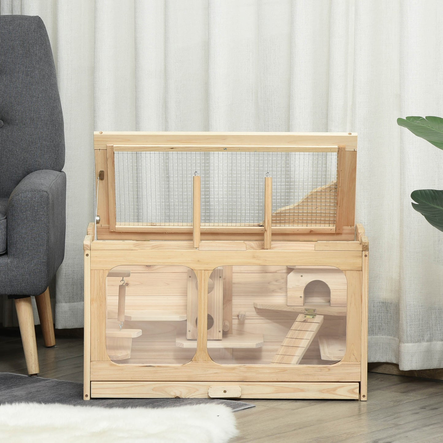 Pawhut Jaula De Madera Para Hámster Ratones Con 2 Escondites Techo Abatible_1