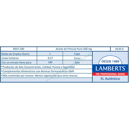 Óleo de Onagra Puro Lamberts 180 cápsulas 500mg