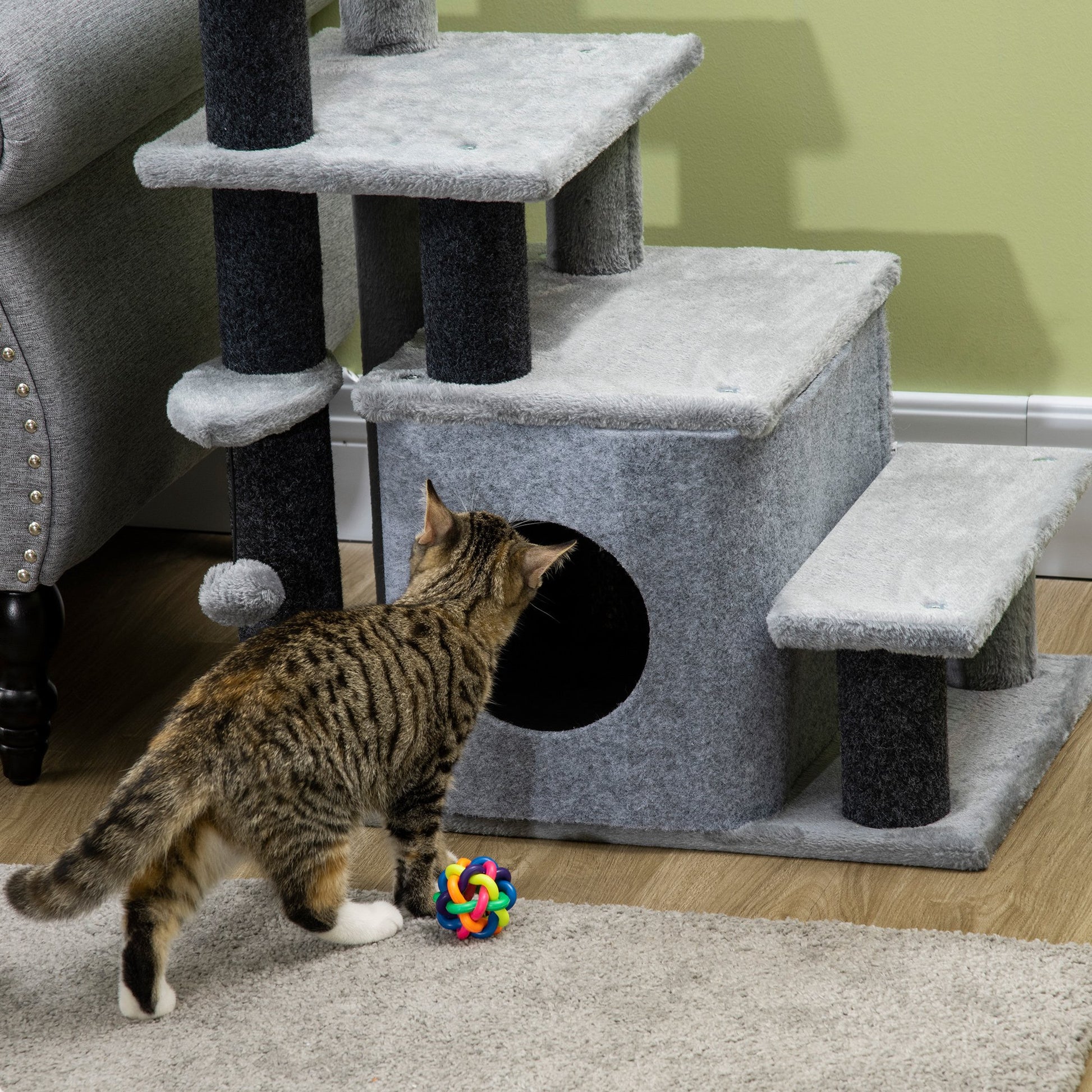 Pawhut Escalera Para Gatos 4 Peldaños Altura Ajustable Caseta Bola 60x40x66 Cm_4