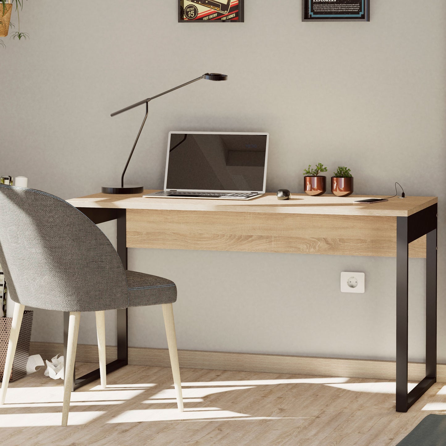Escritorio Mesa De Ordenador Oficina Estudio, Patas Estructura Metálica Industrial 76x135x60cm, Briebe, Smuk, Madera_2