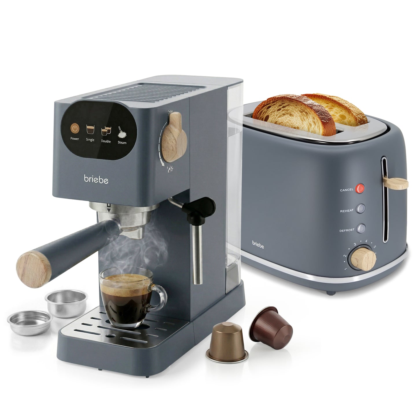 Briebe Nordic Set Cafetera 20 Bares Cápsulas, Café Molido Espumador Leche Tostadora 2 Rebanadas Anchas, Skt1221gry, Gris_0