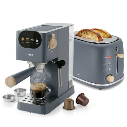 Briebe Nordic Set Cafetera 20 Bares Cápsulas, Café Molido Espumador Leche Tostadora 2 Rebanadas Anchas, Skt1221gry, Gris_0