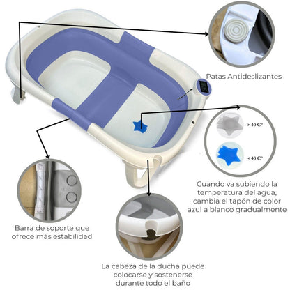 Bathby Bañera Bebé Plegable Con Termómetro, Cojín Antideslizante, Patas Antideslizantes (azul Oasis)