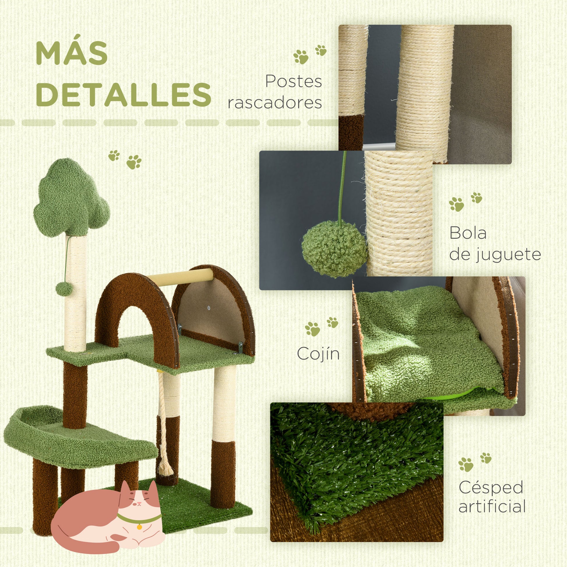 Pawhut Árbol Rascador Para Gatos Mediano Con Poste De Sisal 49x40x107 Cm Verde_5