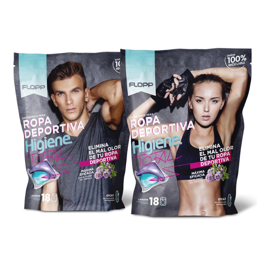 Pack de 2 Detergentes para Roupa Flopp Total Hygiene, Especial para Atletas, 18 cápsulas