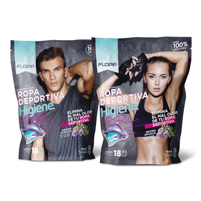 Pack de 2 Detergentes para Roupa Flopp Total Hygiene, Especial para Atletas, 18 cápsulas