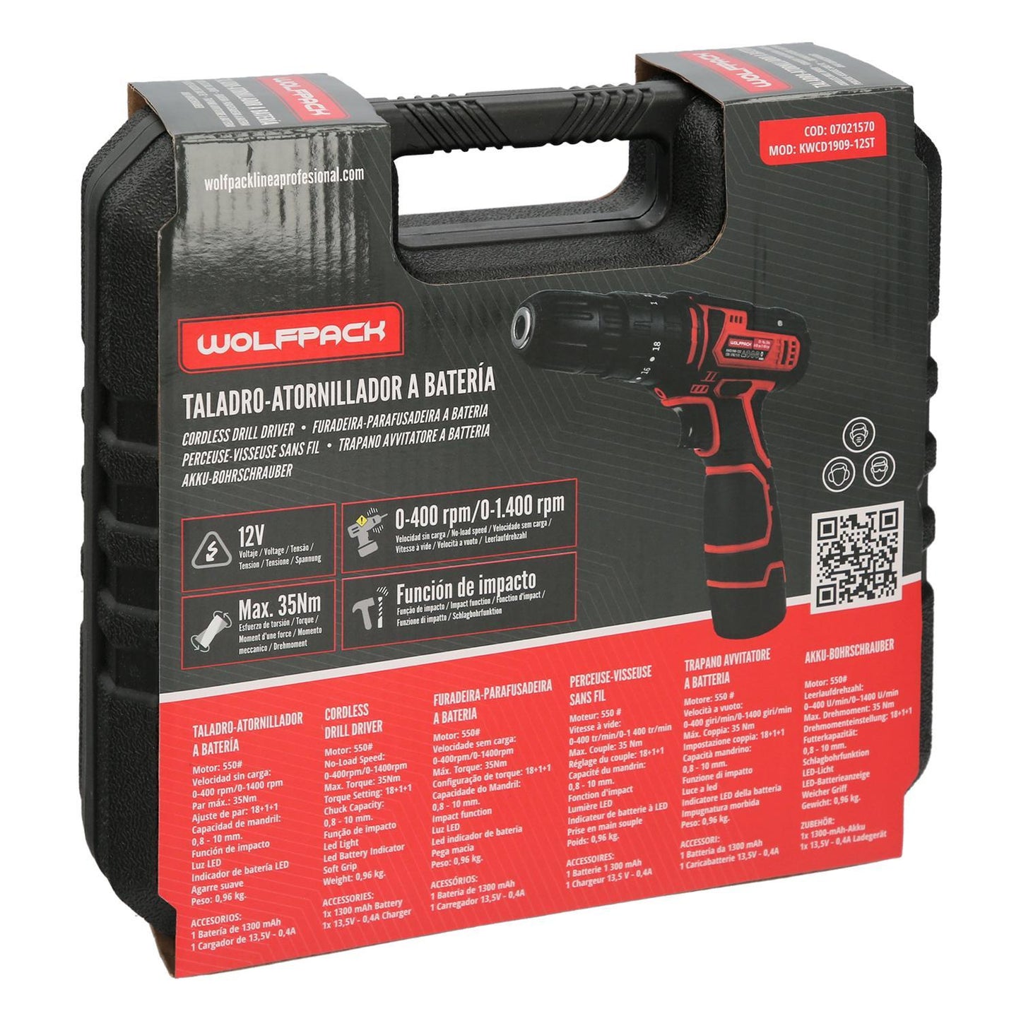 Taladro Atornillador 12 V. Con 2 Velocidades Y Percutor. Bateria 1.300 Mah. Par Apriete 35 Nm.