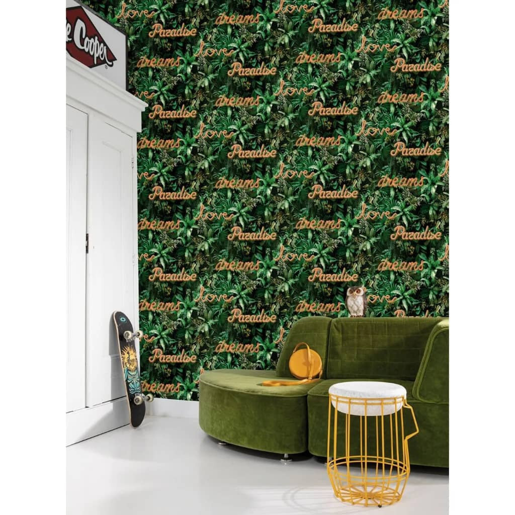 Noordwand Papel Pared Good Vibes Neon Letter With Plants Verde Naranja_1