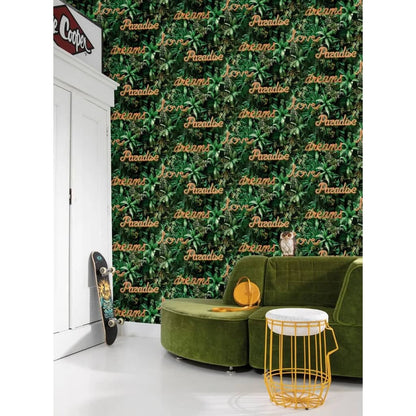 Noordwand Papel Pared Good Vibes Neon Letter With Plants Verde Naranja_1