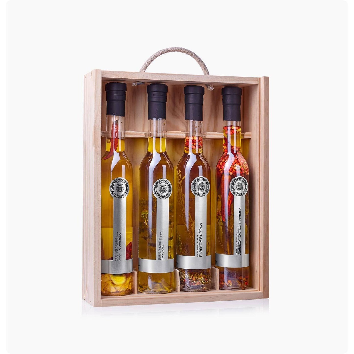 Caixa de madeira com 4 azeites temperados gourmet La Chinata