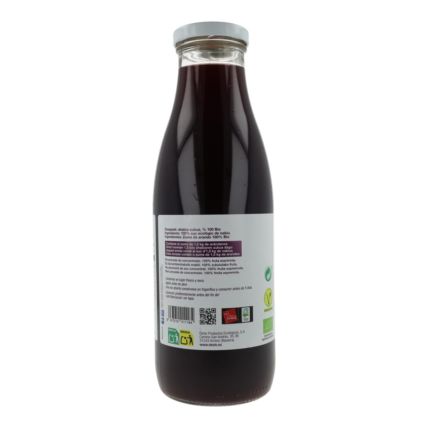 Sumo de mirtilo orgânico 100% espremido ékolo 750 ml