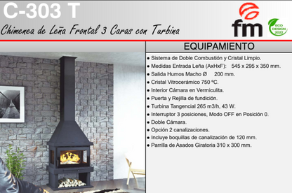 BRICOSOL Chimenea de leña frontal a 3 caras FM MODELO C-303 TFK Con Turbina, Fundición, Cristal Serigrafiado_3