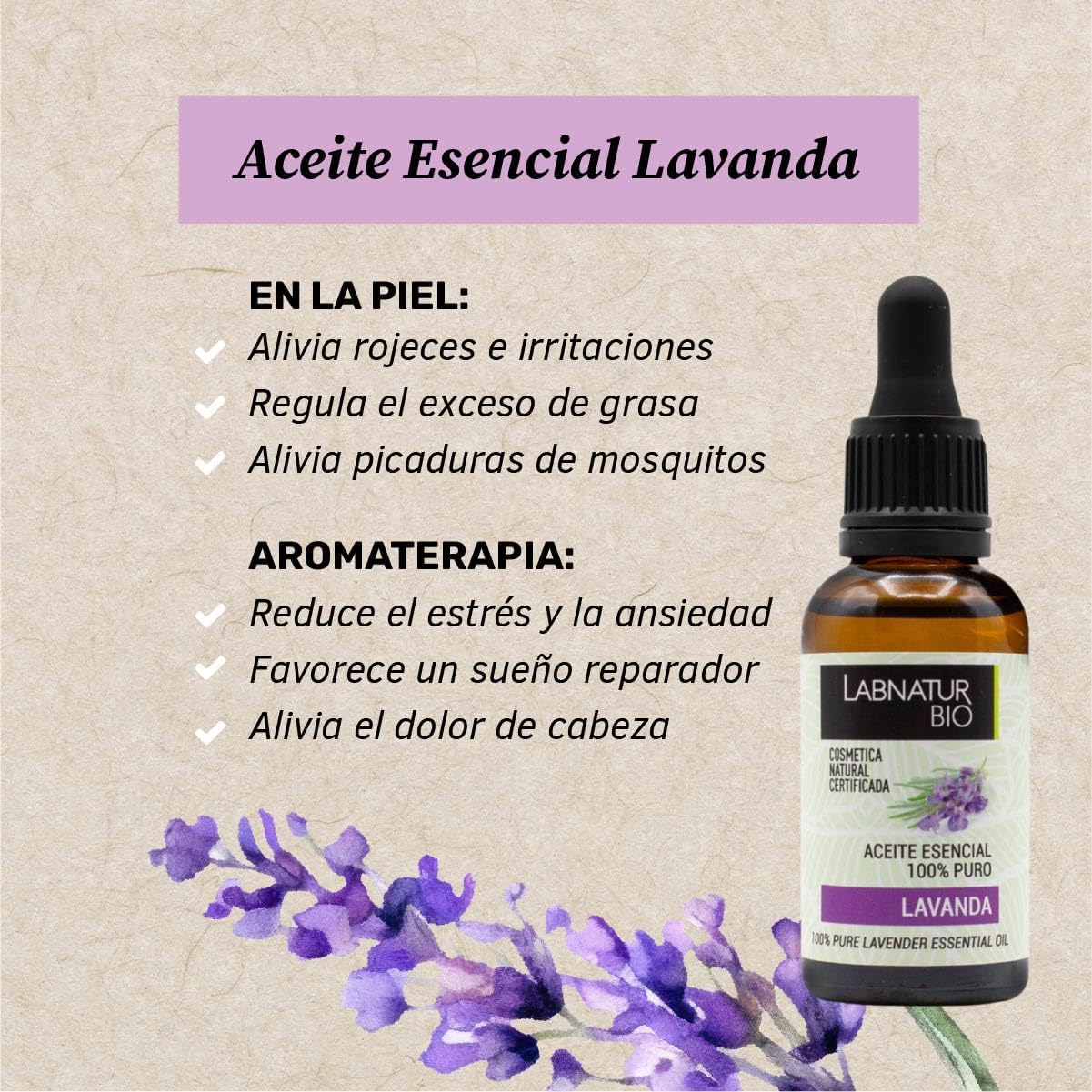 Aceite Esencial de Lavanda 100% Puro Labnatur Bio 30 ml | Piel, Masajes y Difusor | Aroma Relajante | Vegano_1