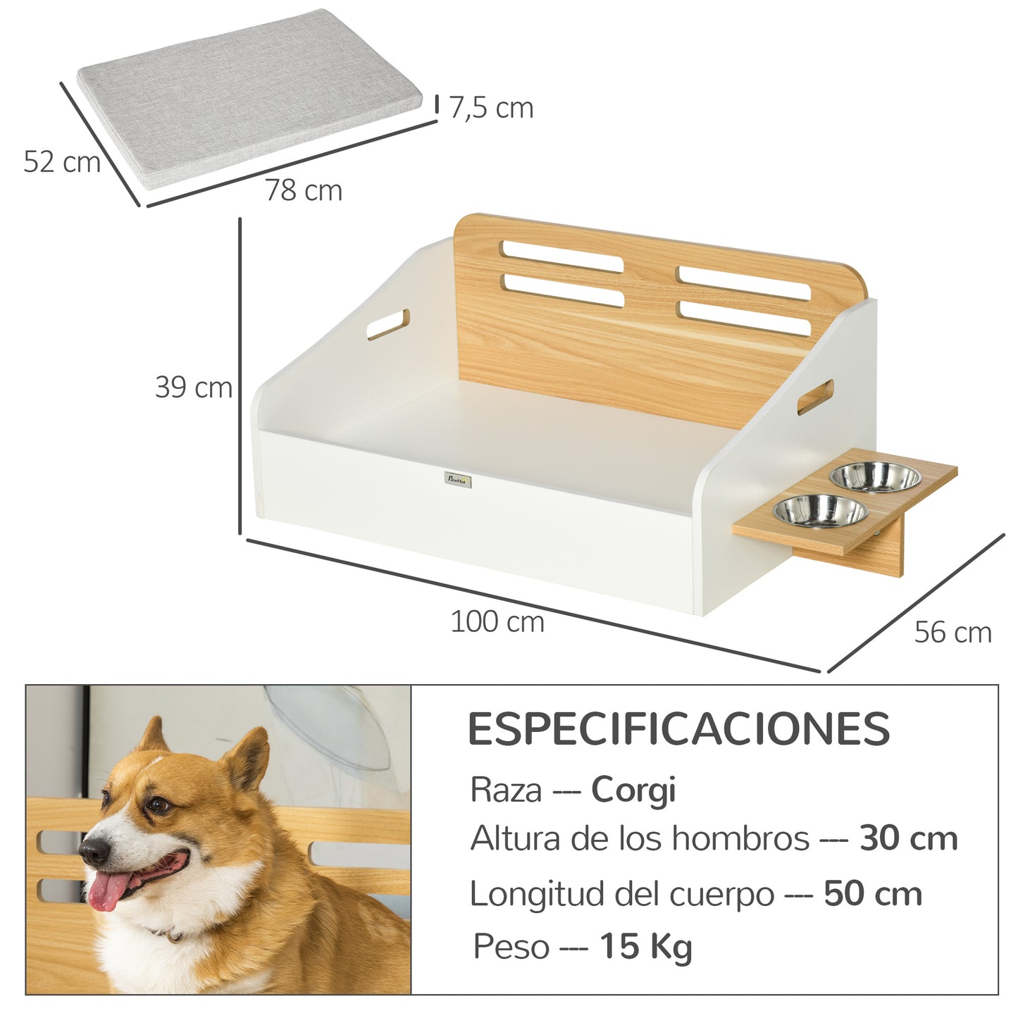 Pawhut Cama De Madera Para Perros Con Comedero 2 Cuencos Y Cojín 100x56x39 Cm_2