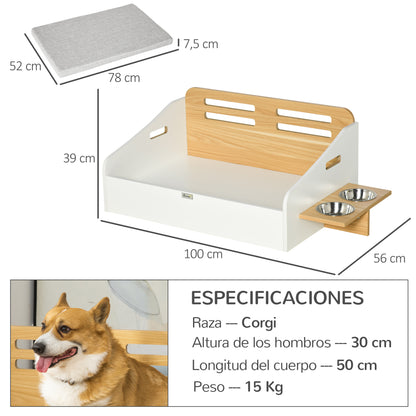 Pawhut Cama De Madera Para Perros Con Comedero 2 Cuencos Y Cojín 100x56x39 Cm_2