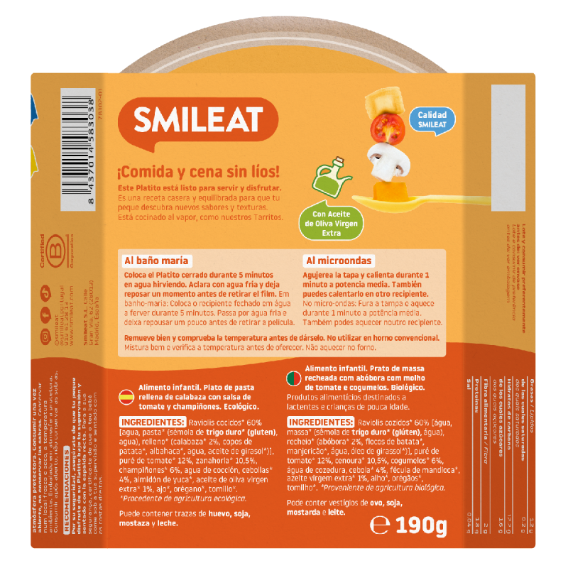 Platito Raviolis de Calabaza con Salsa de Tomate ECO (a partir de 15 meses) Smileat 190g