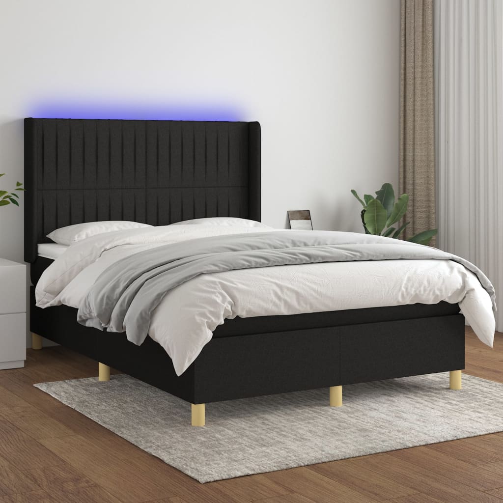 Cama Box Spring Colchón Y Luces Led Tela Negro 140x200 Cm / Vetonek_2