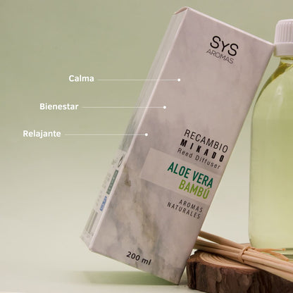 Recambio Mikado Aloe Vera y Bambú 200 ml con Varillas | Aroma Fresco Natural | Refill Difusor | Larga Duración_2