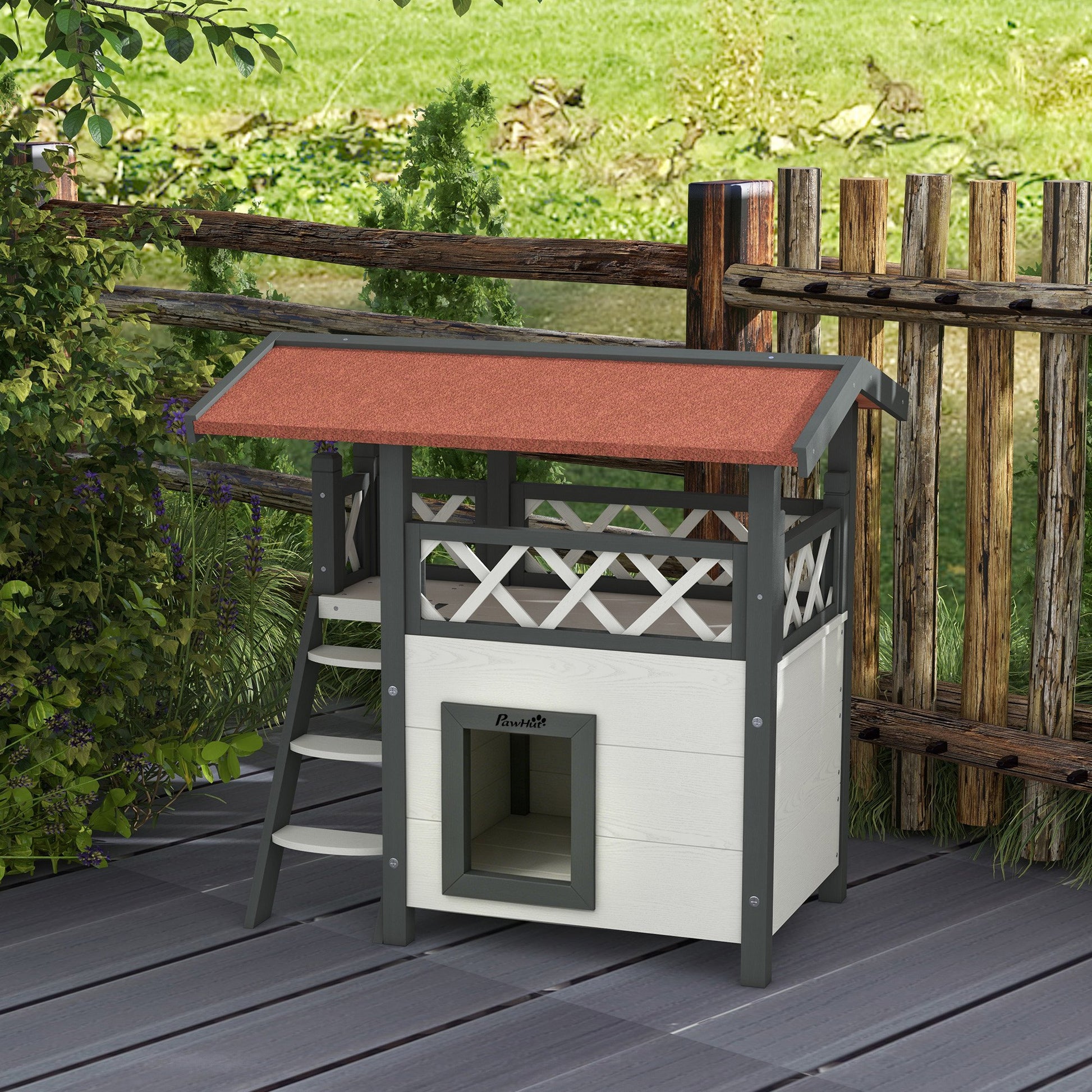 Pawhut Casa Para Gatos De Madera 77x50x73 Cmcon Techo Asfáltico Escalera Blanco_1