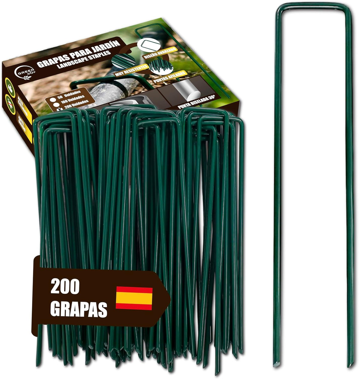 GREEN GOF 200 Grapas Verdes Para Cesped Artificial, Malla Antihierba Y Jardin. Acero Galvanizado, 15x4cm, Ø3mm._0