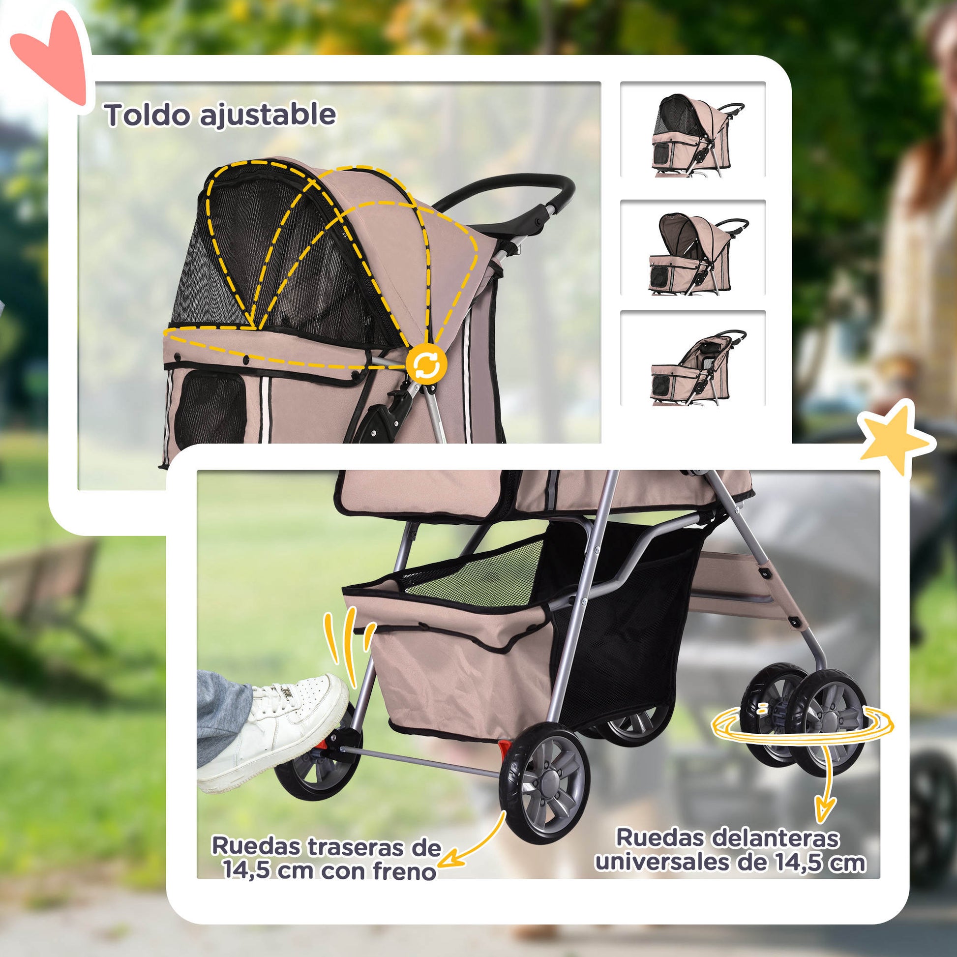 Pawhut Carrito Para Perros Plegable Con Toldo Ajustable 75x45x97 Cm Café_5