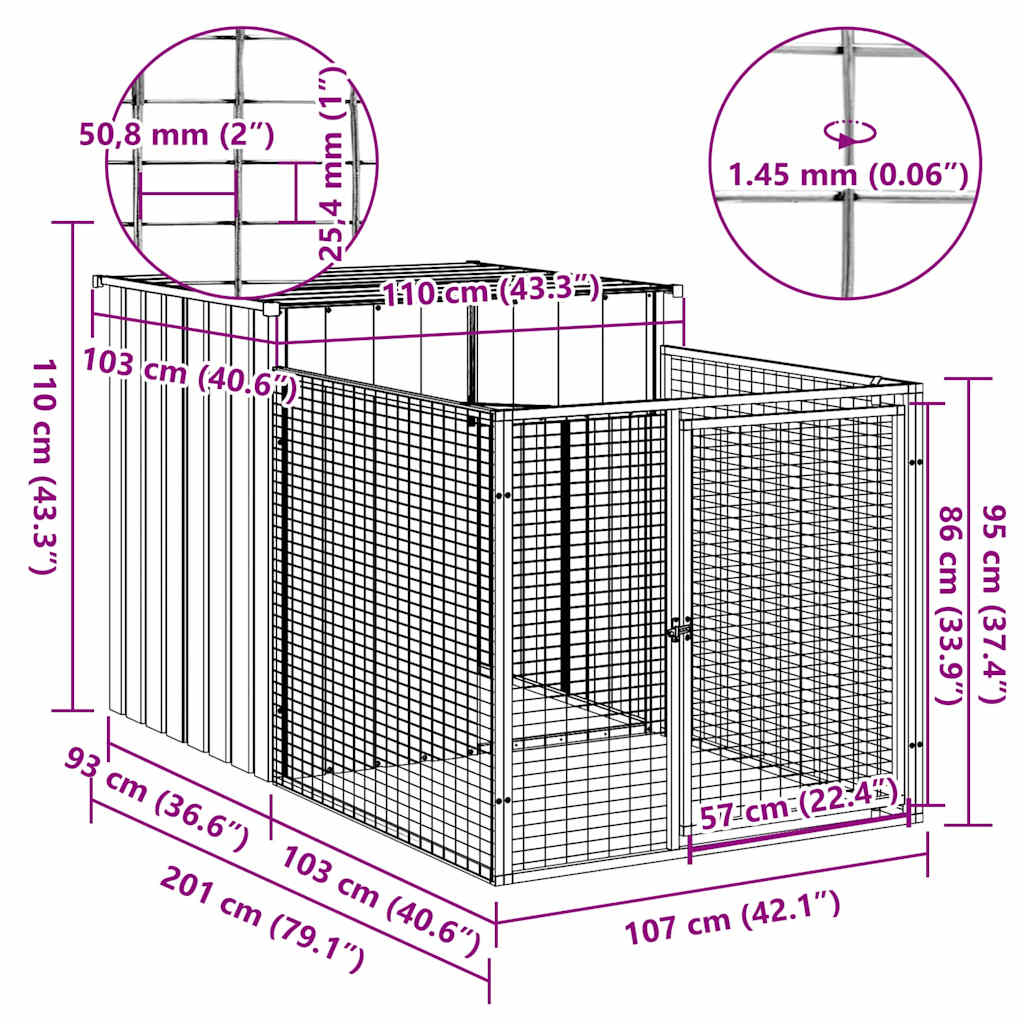 Caseta Para Perro Con Corral Gris Claro 110x201x110 Cm Acero Galvanizado_4